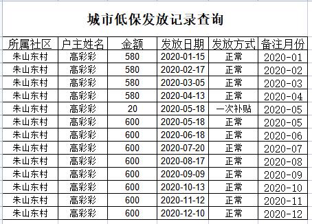 2020低保发放记录查询(城市)